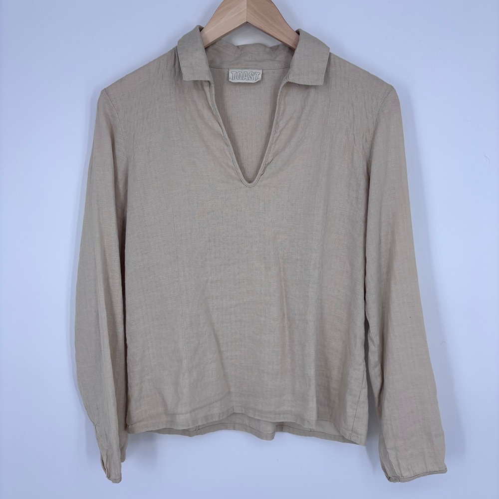 Toast Linen Cotton Blend V-Neck Collared Pullover Blouse Tan Womens 8 UK 4 US